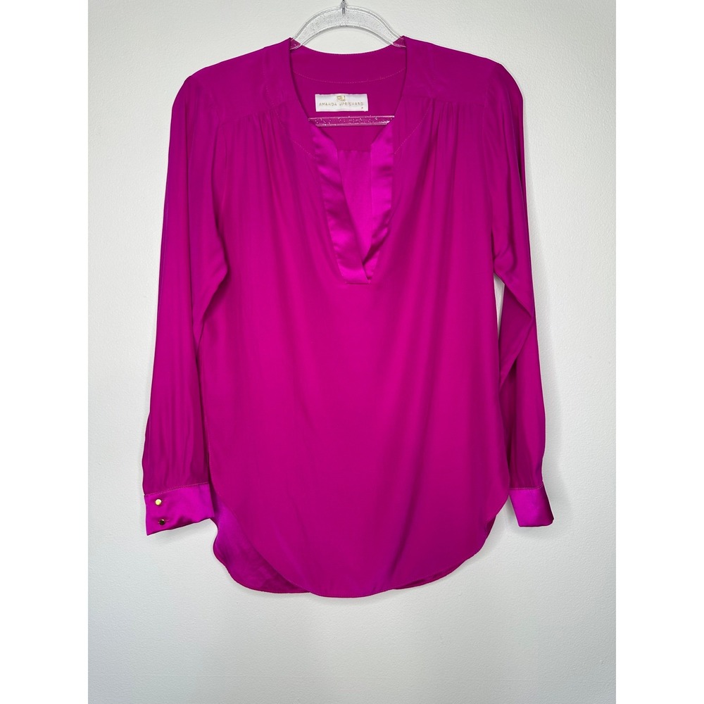 Amanda Uprichard 100% Silk Long Sleeve V-Neck Blouse Size XS Pink Shirttail
